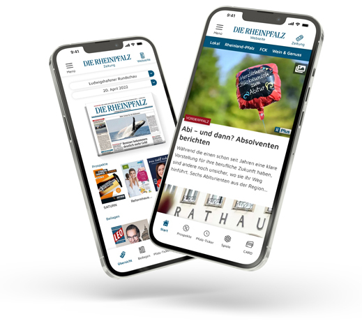 Zwei Smartphones mit Ansichten zur Webview und zum E-Paper der RHEINPFALZ App