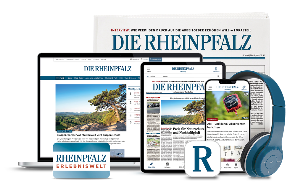 Produktpalette der Tageszeitung &sbquo;Die Rheinpfalz&lsquo;: Zeitungsausgabe, Webseite auf Laptop und Tablet, App auf Smartphone, Kopfh&ouml;rer sowie Zusatzangebote wie &sbquo;Rheinpfalz Erlebniswelt&lsquo;. Die Medien sind digital zug&auml;nglich.