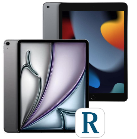 Zwei Tablets nebeneinander mit Startbildschirmen und das RHEINPFALZ R symbolisieren die Tablet-Auswahl zu den den Bundle-Angeboten &sbquo;Digital PREMIUM inklusive Tablet&lsquo; und &sbquo;RHEINPFALZ Abo inklusive Tablet&lsquo;